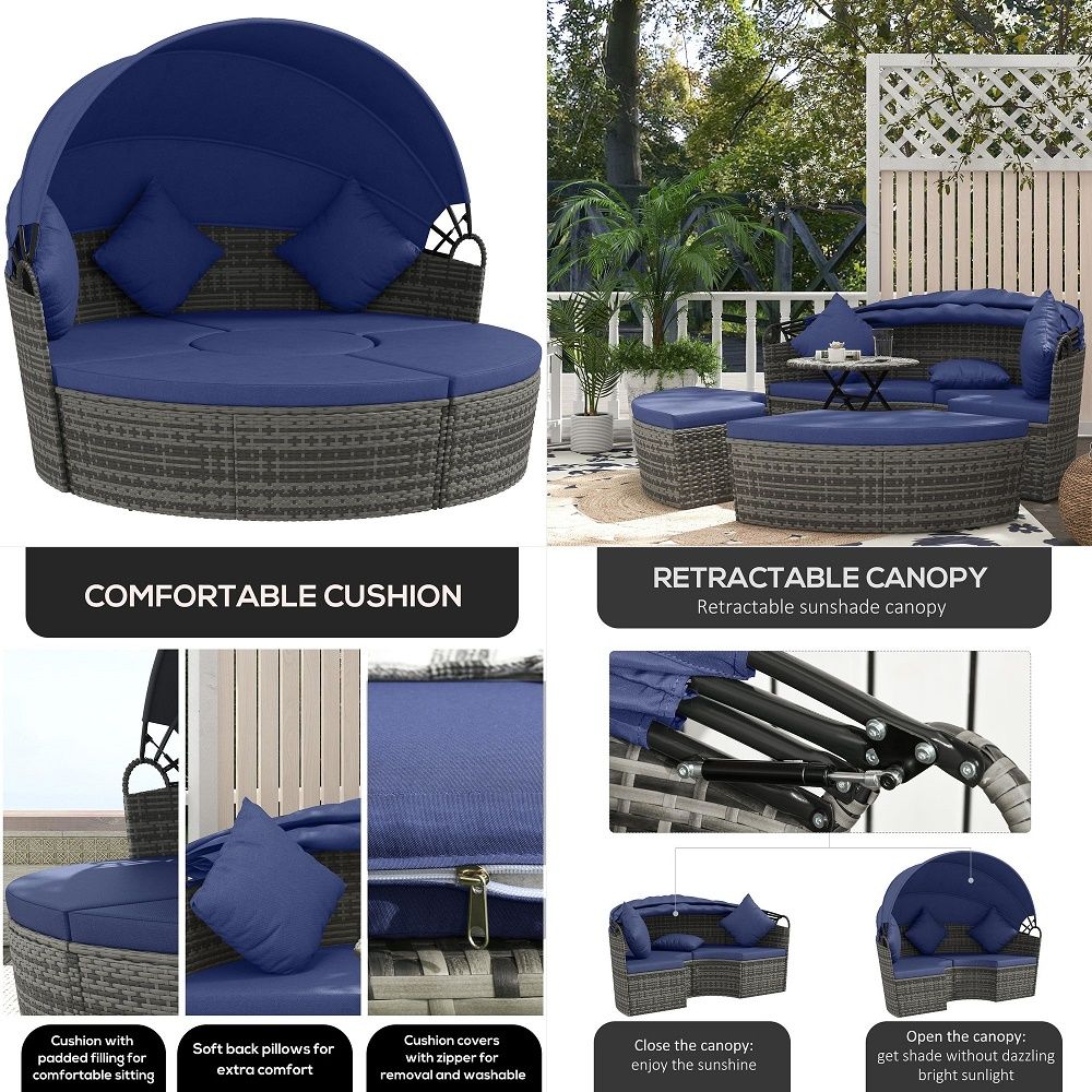 4 Piece Round Rattan Daybed, C - Outdoor Furniture Sofa のレビューと価格