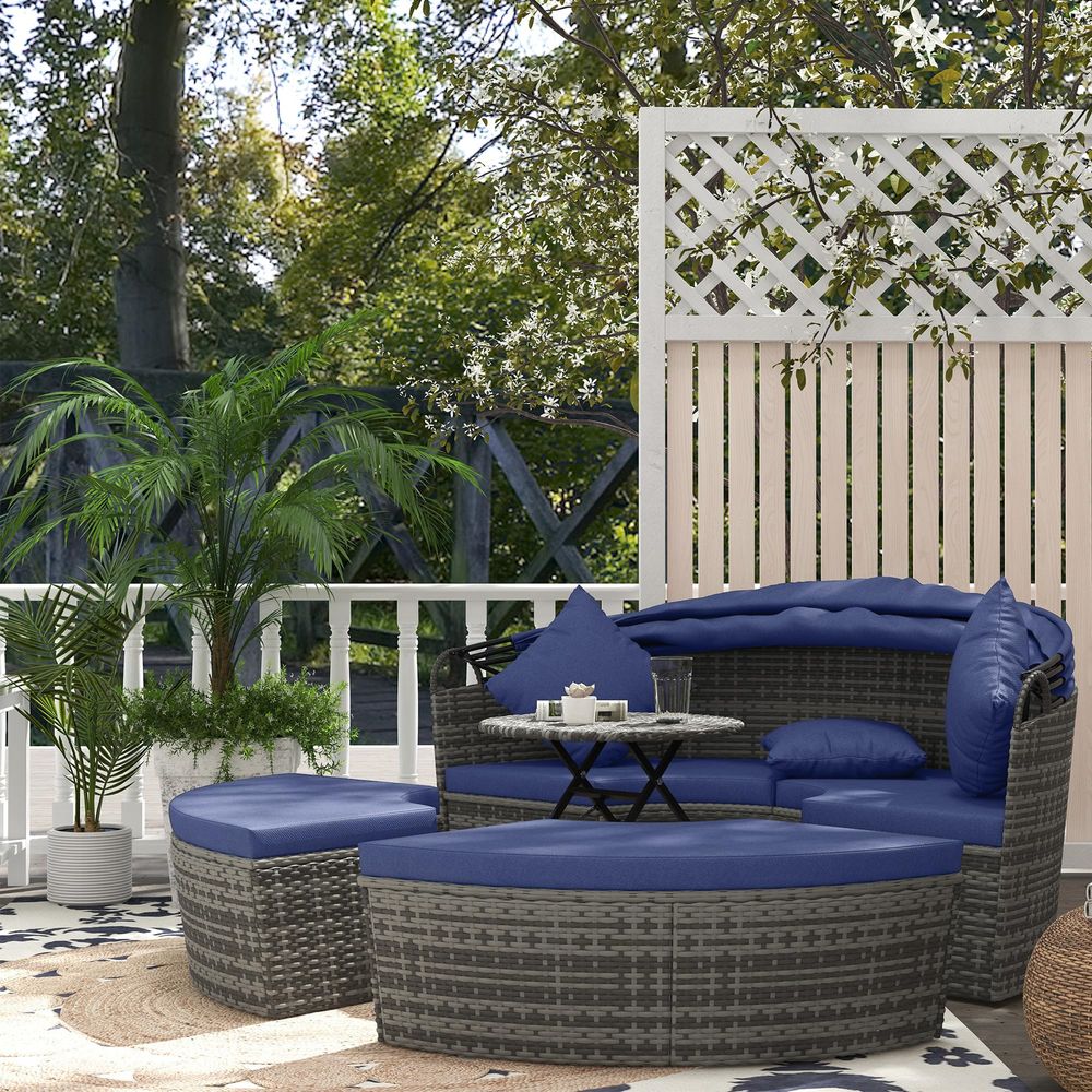 4 Piece Round Rattan Daybed, C - Outdoor Furniture Sofa のレビューと価格