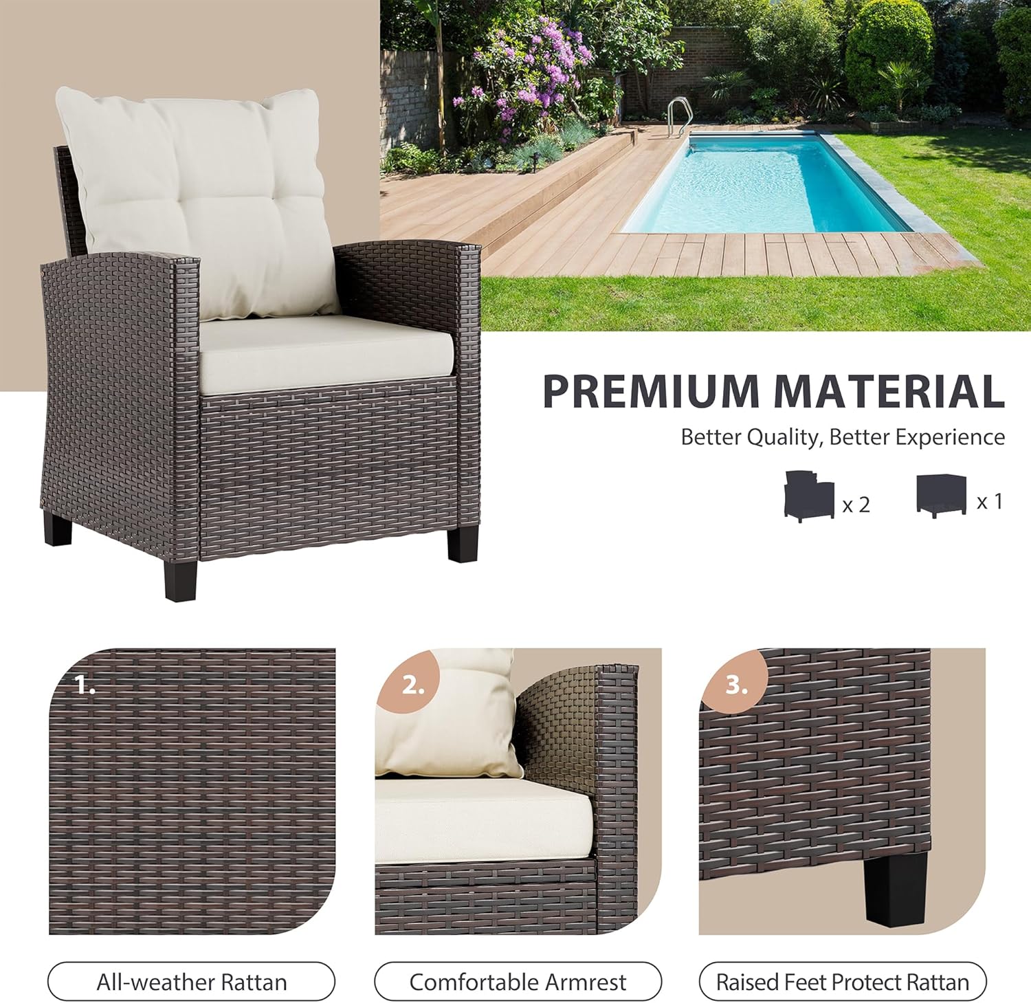Beige compact 3-piece rattan w - Outdoor Furniture Sofa のレビューと価格