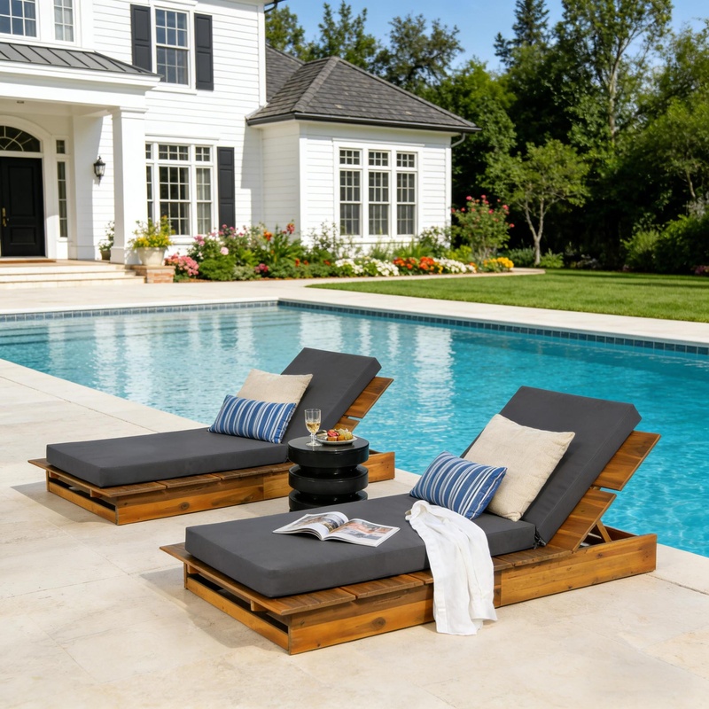 Acacia Wood Chaise Lounge with - Outdoor Furniture Teak Wood のレビューと価格