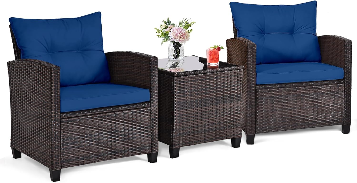 Navy blue rattan wicker 3-piec - Outdoor Furniture Sofa のレビューと価格