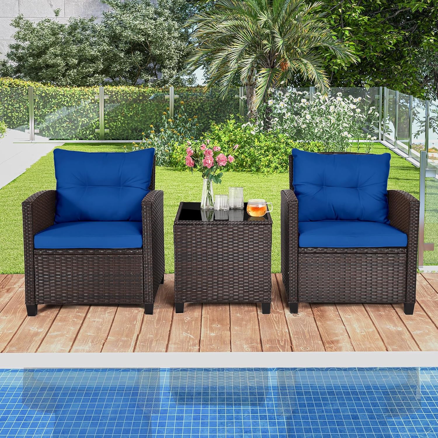 Navy blue rattan wicker 3-piec - Outdoor Furniture Sofa のレビューと価格