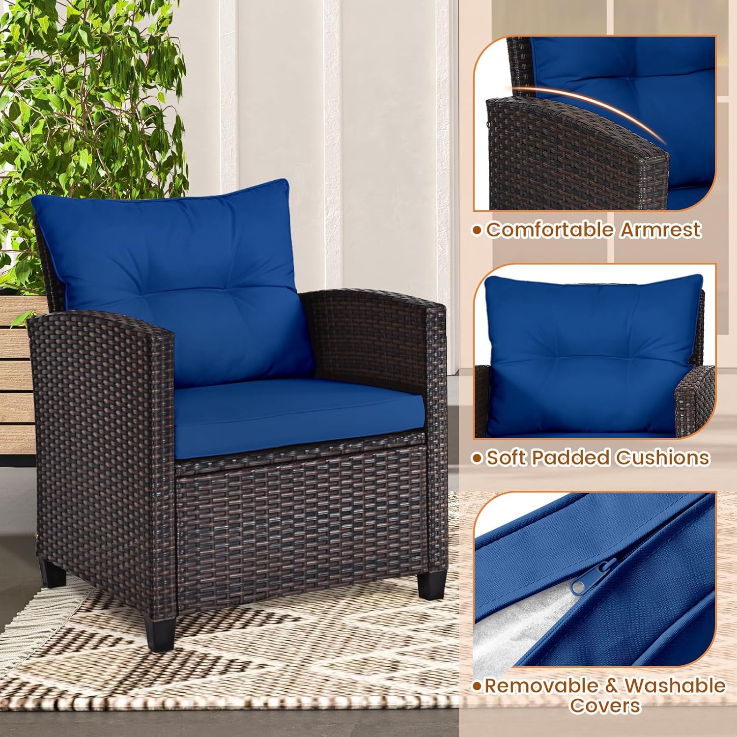 Navy blue rattan wicker 3-piec - Outdoor Furniture Sofa のレビューと価格